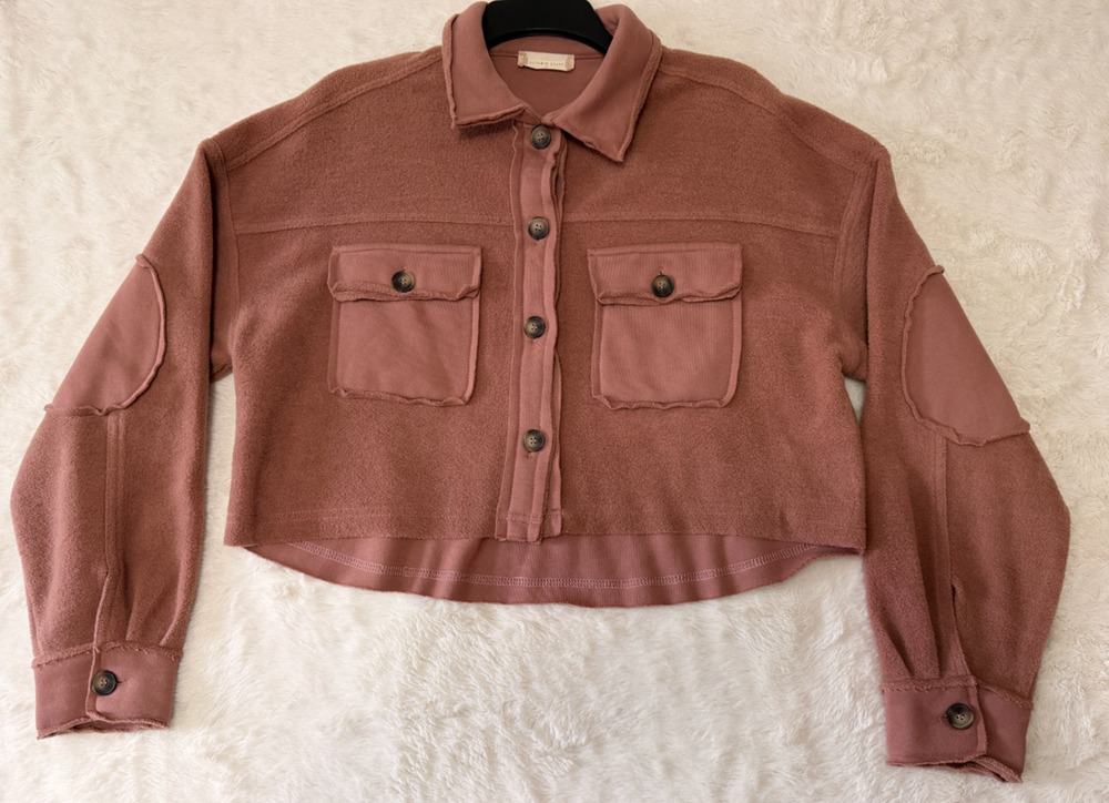 Altar'd State Womens Size S Mauve Pink Fleece Button Up Crop Shacket Jacket